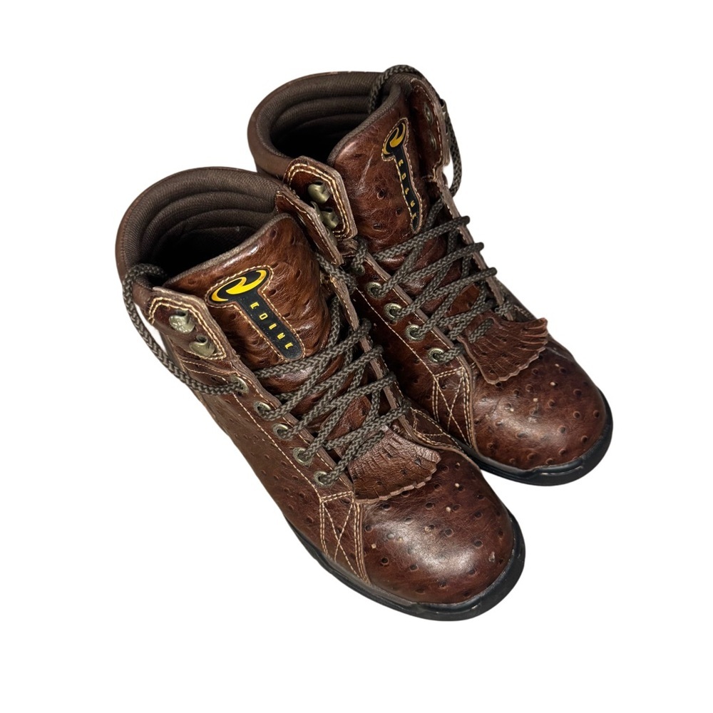 Roper Dark Brown Ostrich Print Rugged Sole Lace-Up Ankle Boots - Picture 2 of 3